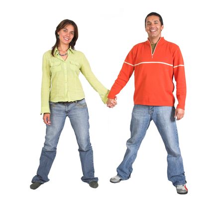 happy couple holding hands over a white background