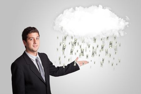 Man with white cloud and money rain concept