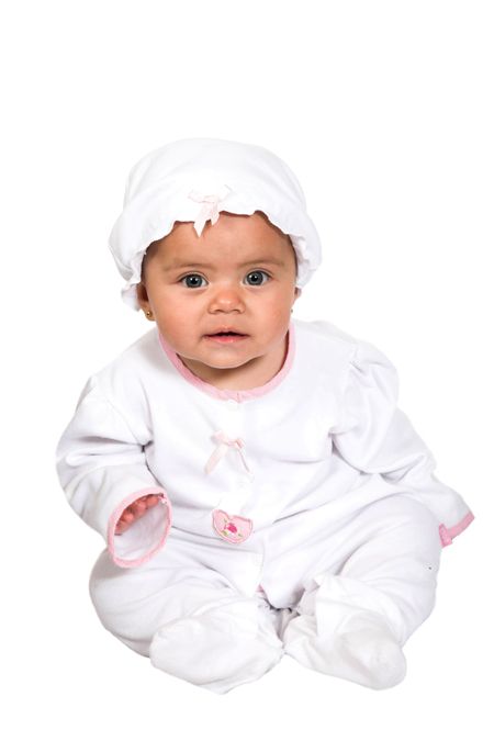 beautiful baby in white with a hat