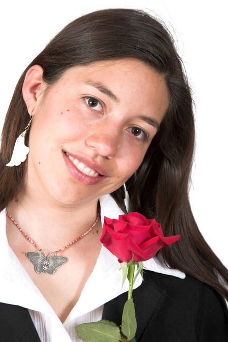 beautiful girl holding a red rose over white