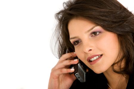 business woman talking on the phone - isolated over a white background