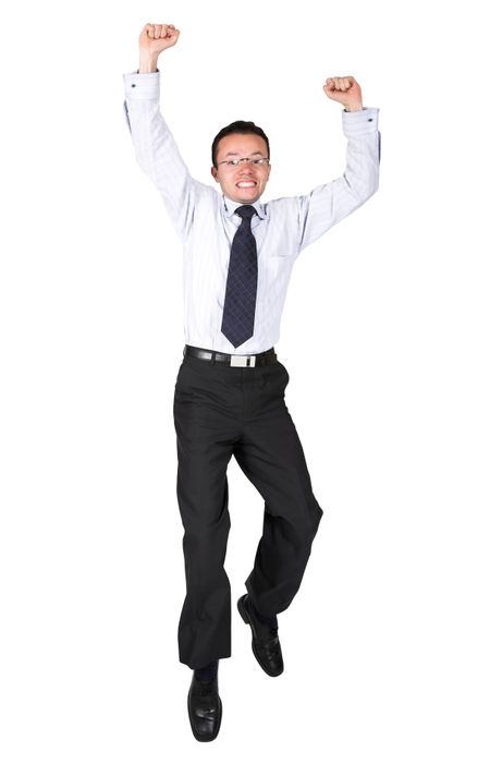business man jumping over white