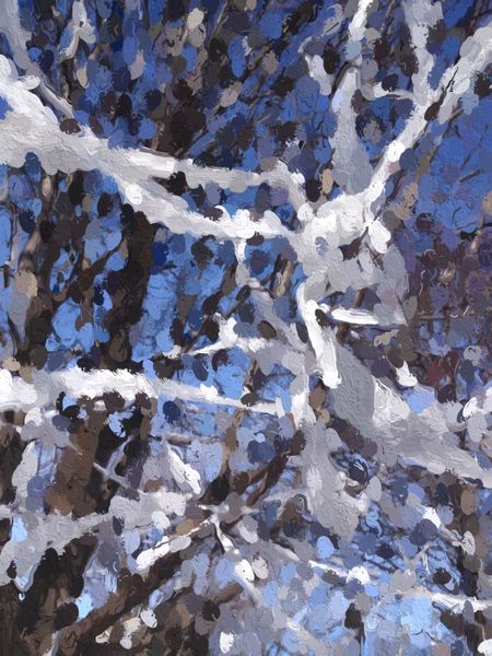 Painterly abstract of a common prank: Part of a tree festooned with toilet paper in a suburban neighborhood, loosely in the style of French impressionist Pierre-Auguste Renoir