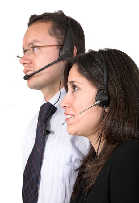 customer service team over white - focus on eyes of lady