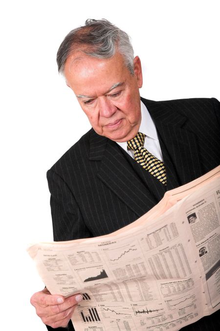 business manager reading newspaper over white