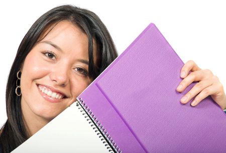 beautiful student with notebook over white