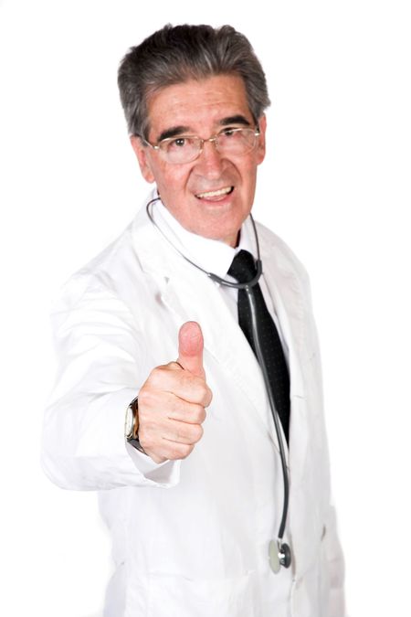 doctor- thumbs up - over white background - focus on thumb
