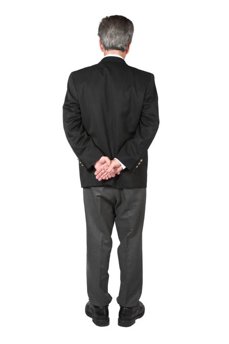 business man standing from the back over white