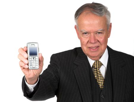 business senior with mobile over white - focus is on mobile phone