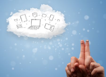 Happy cheerful smiley fingers looking at cloud computing with technology icons