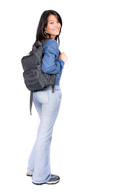 beautiful student over white background with bag