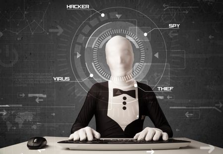 Hacker without identity in futuristic enviroment hacking personal information on tech background