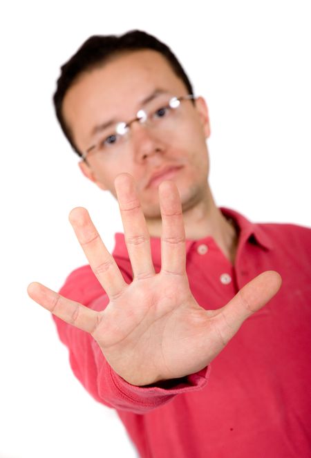 casual guy hand - stop over white background