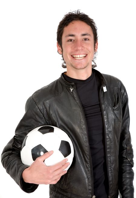 casual guy with a soccer ball over white
