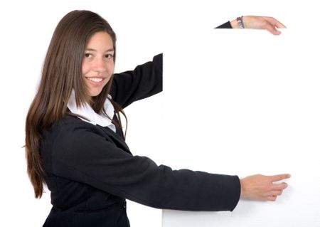 business woman pointing at something over a white card