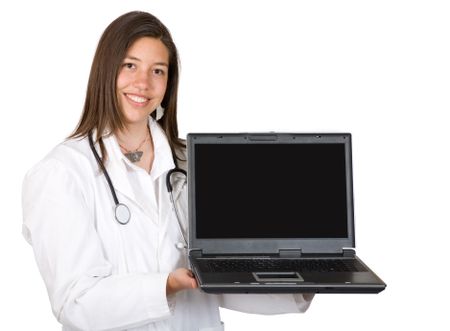 friendly female doctor over white background with a laptop