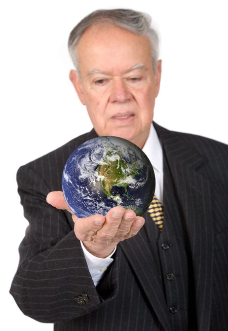 business man holding a globe over a white background - globe is from http://www.nasa.gov