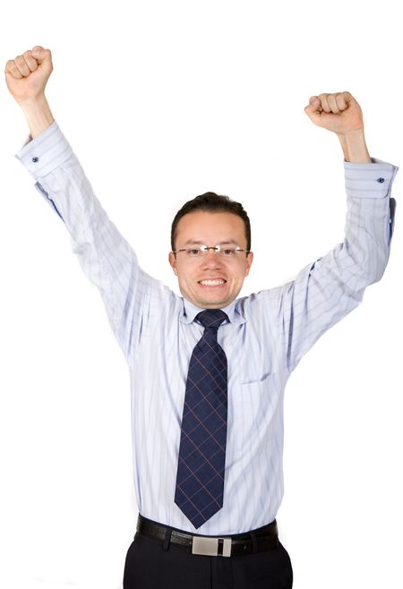 business man celebrating with his arms up over a white background