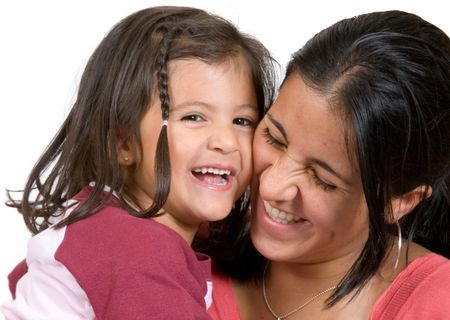 girl with her mum having a laugh over a white background 2