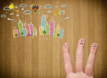 Happy cheerful smiley fingers looking at colorful handrawn cityscape