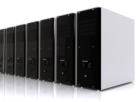 3d computer servers over a white background with a reflection on the floor