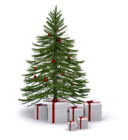 christmas tree with gifts around it over a white background
