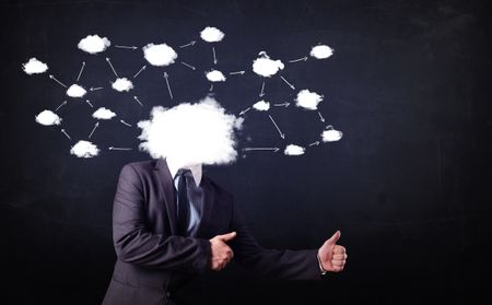 Business man with cloud network head on grungy background
