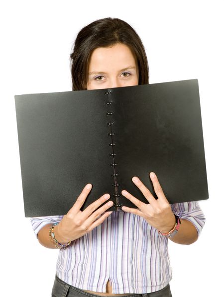 girl with notebook over a white background
