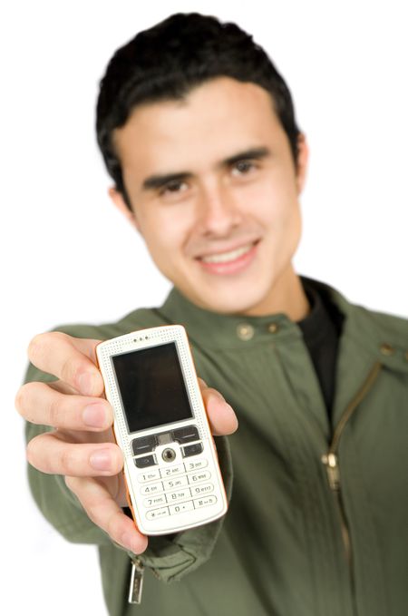 casual guy showing his phone over a white background