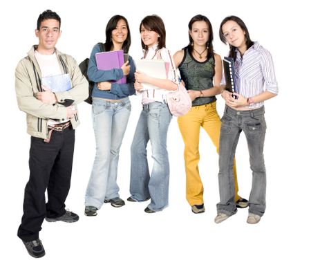 casual students standing over a white background