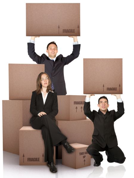 business woman with packed cardboard boxes and two men over a white background