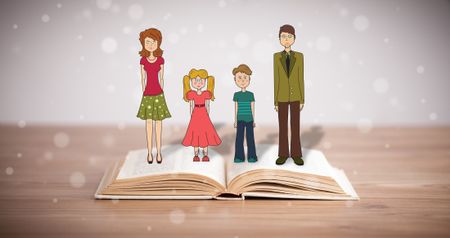 Drawing of a happy family on opened book. The symbol of unity and happiness
