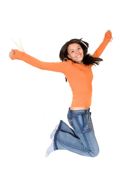 girl jumping of joy over white