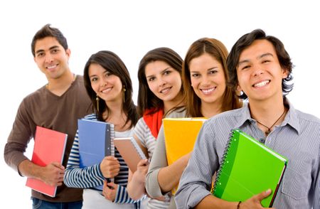 group of students smiling isolated over a white Background