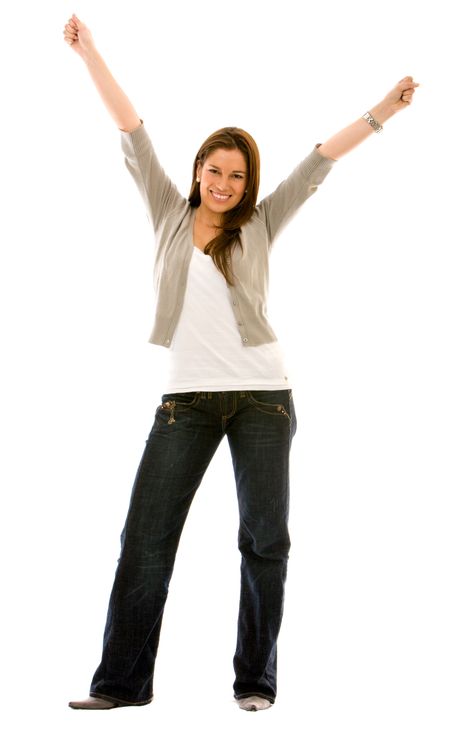 casual woman looking happy with her arms up ? isolated