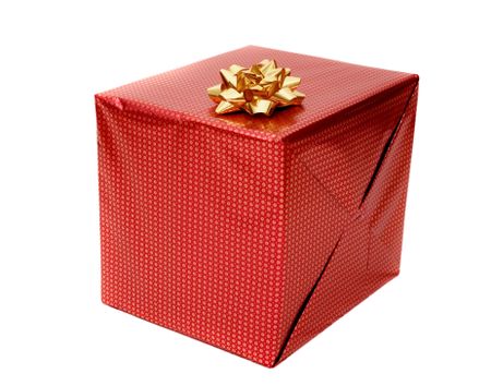 red gift with a golden ribbon over a white background