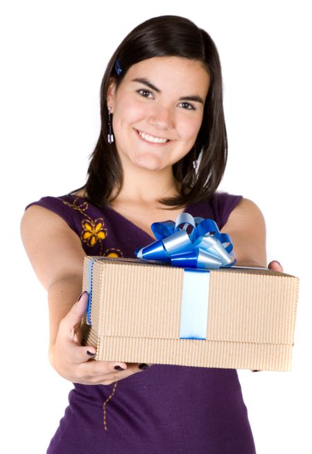 beautiful girl with a gift over a white background
