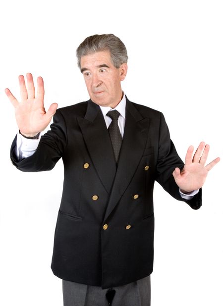 business man touching the screen with his hands over a white background