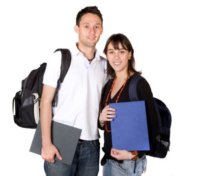 students with books and bags over a white background