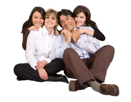 happy latin american family over a white background sitting on the floor