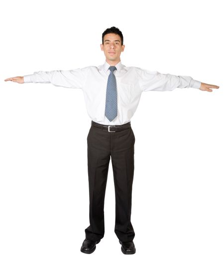 A Businessman On White Background In Side View With Extremely Long Arms  Trying To Grab Something Above. Stock Photo, Picture and Royalty Free  Image. Image 80887675.