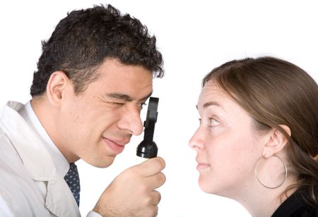 eye test - doctor and patient over a white background