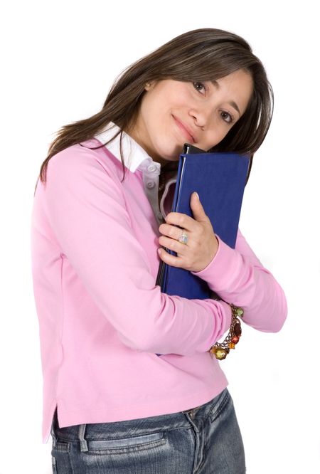 female student happy with her studies over a white background