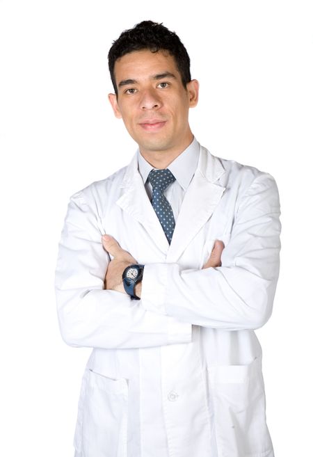 male doctor with arms crossed over a white background