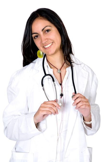 friendly female doctor smiling over a white background