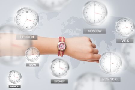 Clocks and time zones over the world illustration concept