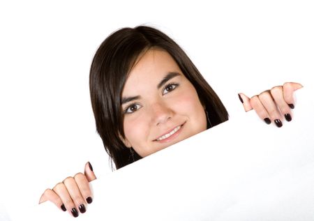 girl holding white banner over a white background