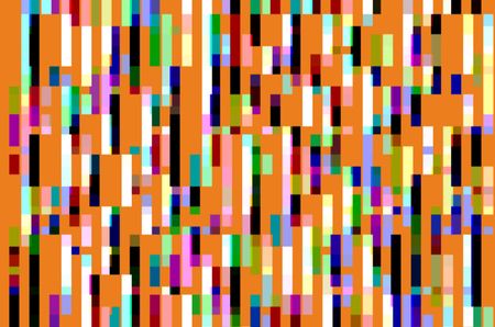 Geometric multicolored abstract of solid bars of various heights, with some edges overlapping, on orange (Pantone 165 C)