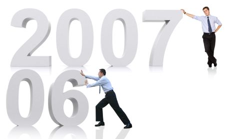 2007 business man leaning on the numberr 7 - prospects for the new year