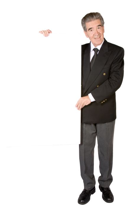 business man holding a white banner over a white background